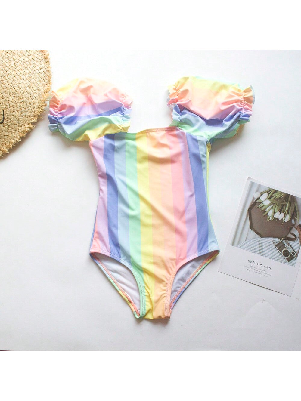 Young Girl 1pc Rainbow Striped Bubble Sleeve One-Piece Swimsuit With Digital Printing, Fashionable Beach/Pool Clothes For 4-12 Years Old