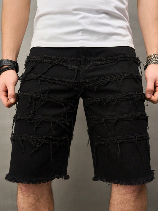 Men Plus Size Solid Color Fringe Hem Denim Shorts For Summer Baggy Jorts Plain Black Going Out Basic