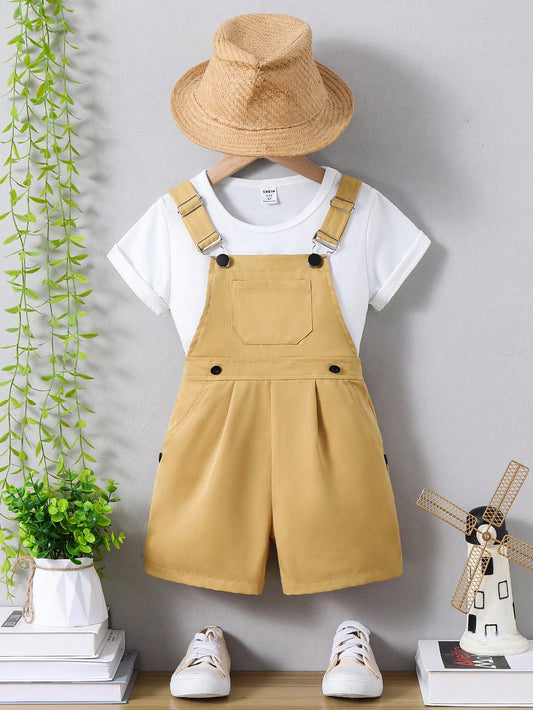 Young Boy Loose And Comfortable Solid Color Overalls Shorts With Braces Suit For Spring And Summer