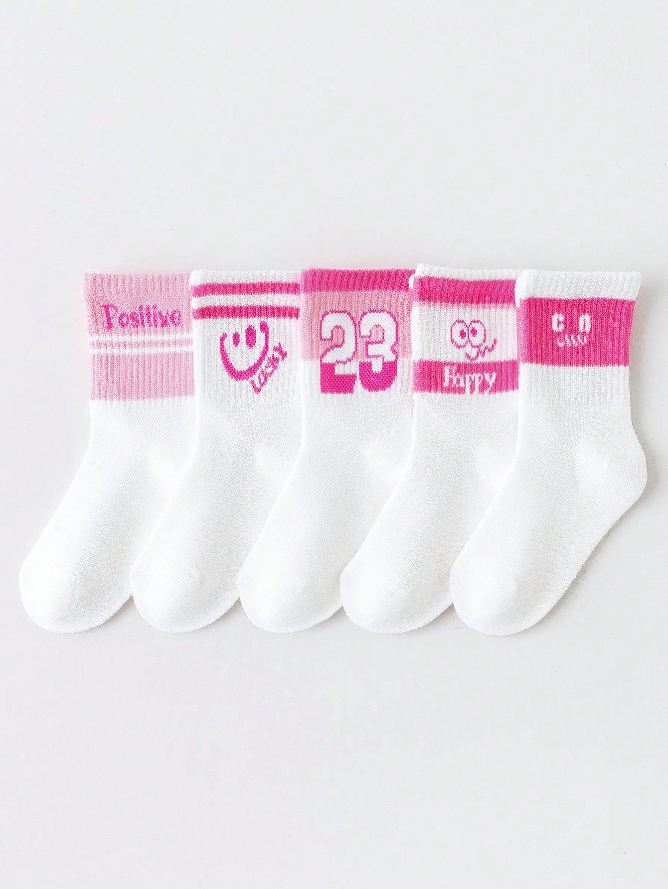 5pairs/Set Girls' Mesh Thin Breathable White Socks With Pink Accent & White Elastic Wide Mouth, Featuring Cute Letter, Smiling Face, Heart, Girl, Student, Athletic, Spring & Summer Style, Ideal For Energetic & Trendy Little Girls, Sweet & Versatile Design