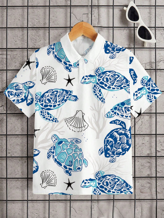 Tween Boy Summer Loose Fit Casual Turtle Print Polo Shirt Short Sleeve