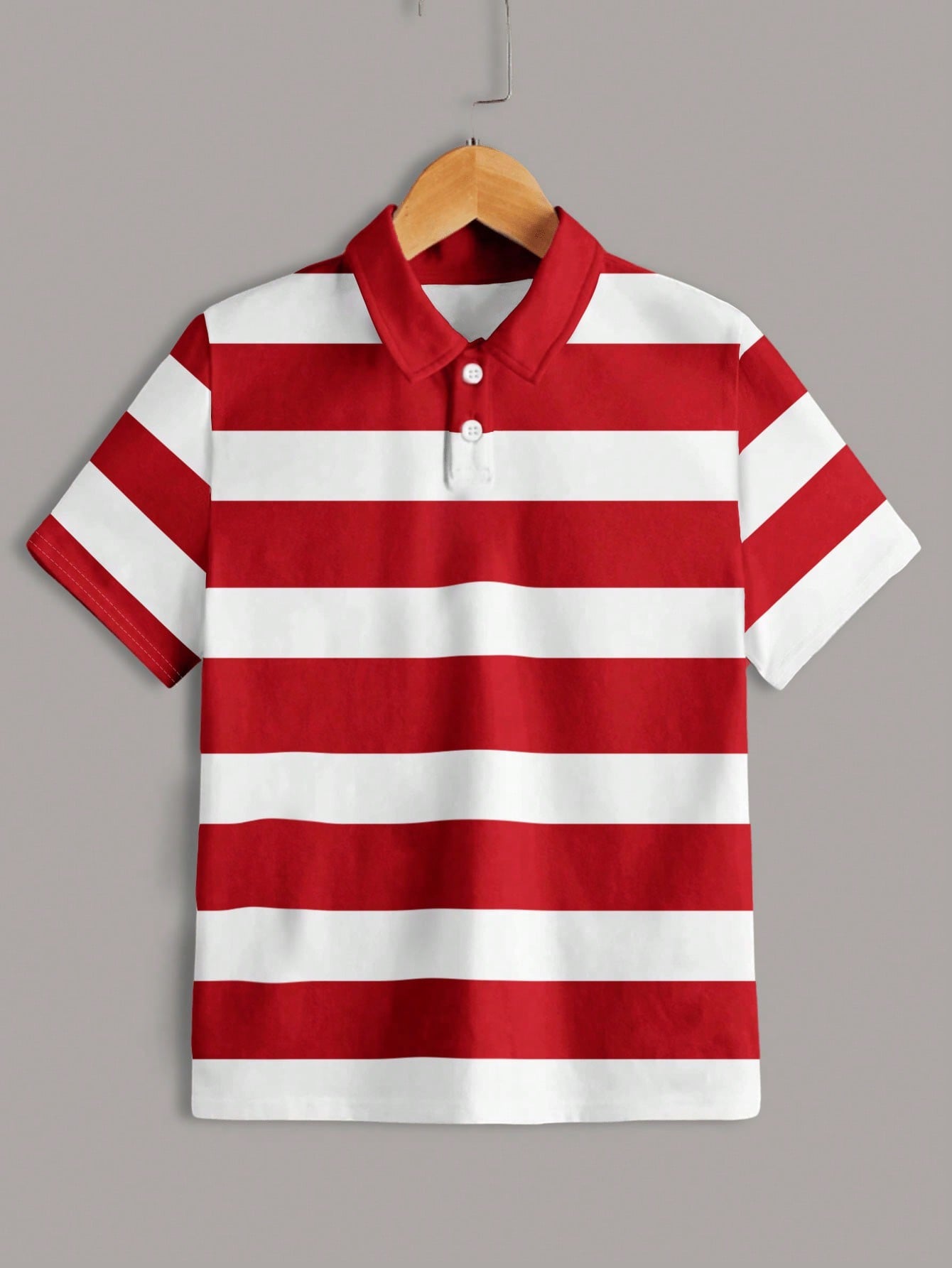 Tween Boy Red & White Striped Half Button Casual Polo Shirt