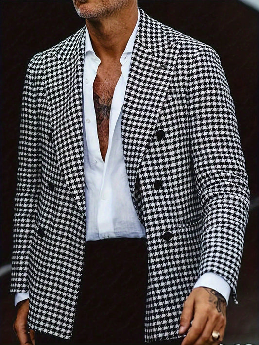 Men Houndstooth Print Double Breasted Blazer