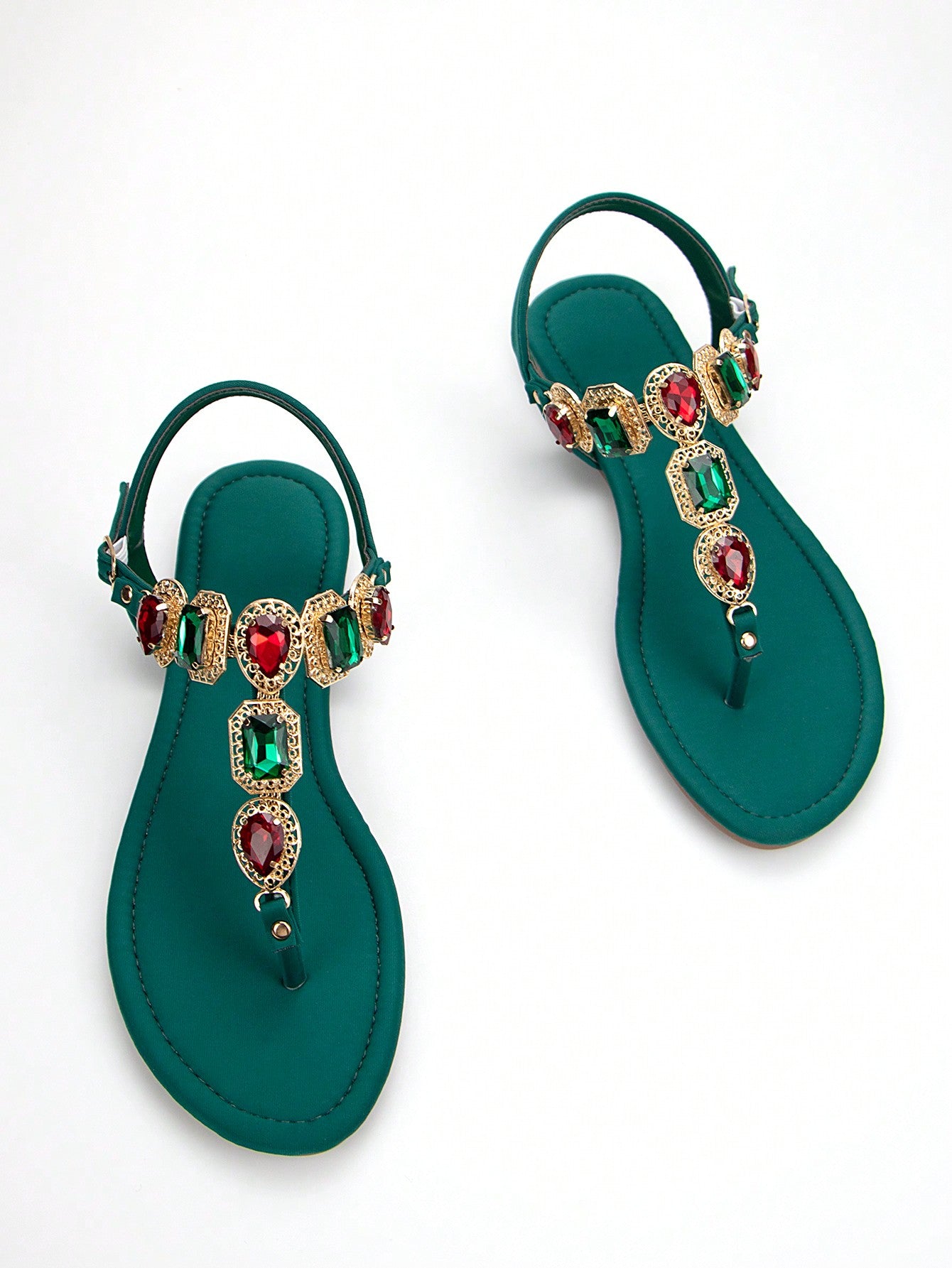 Women Rhinestone Decor Ankle Strap Thong Sandals, Glamorous Summer Flat Sandals