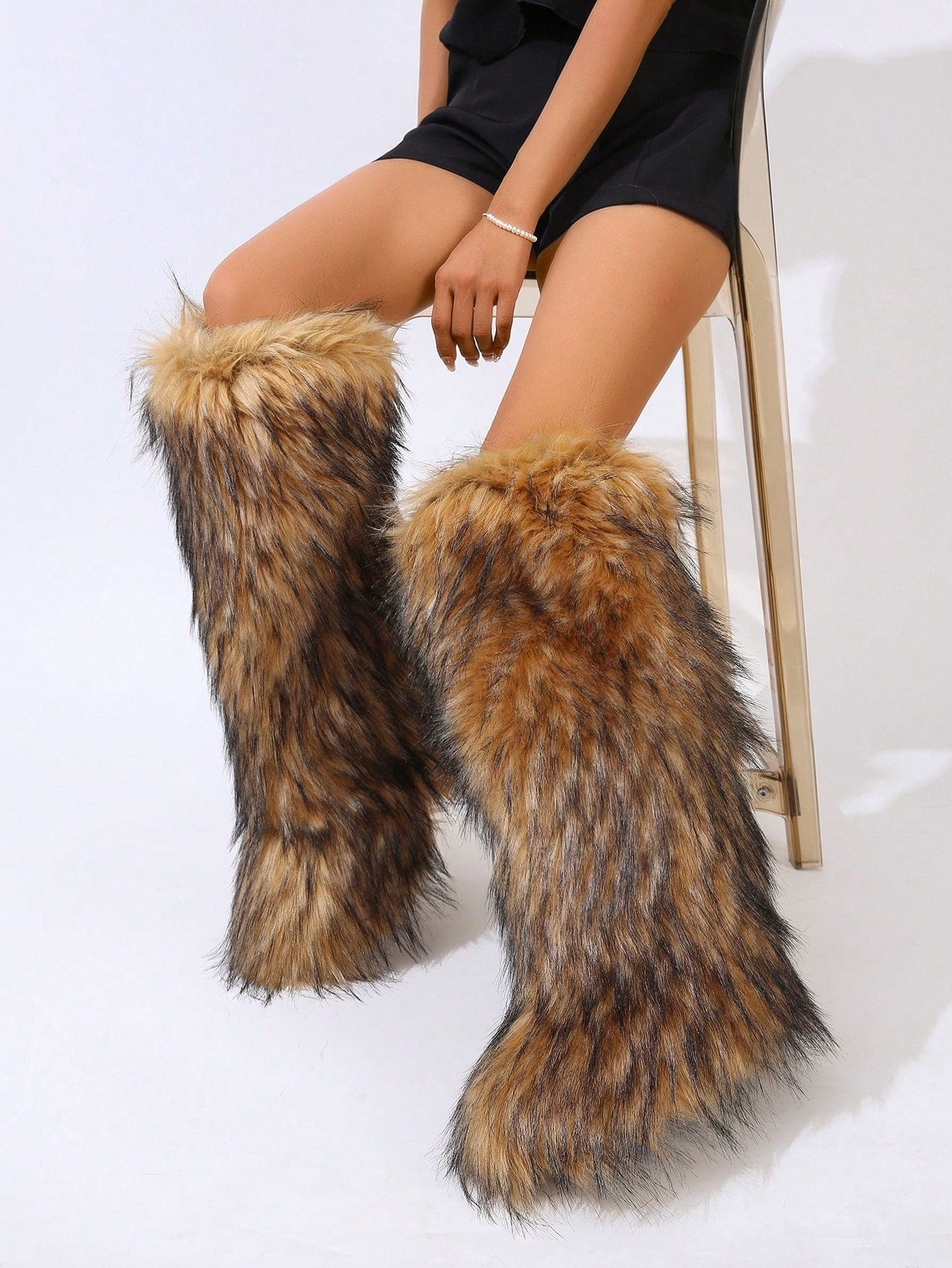 Women Winter Boots, Faux Fur Flat Snow Boots, Over The Knee Boots, Black & White Knee-High Boots, Furry Boots