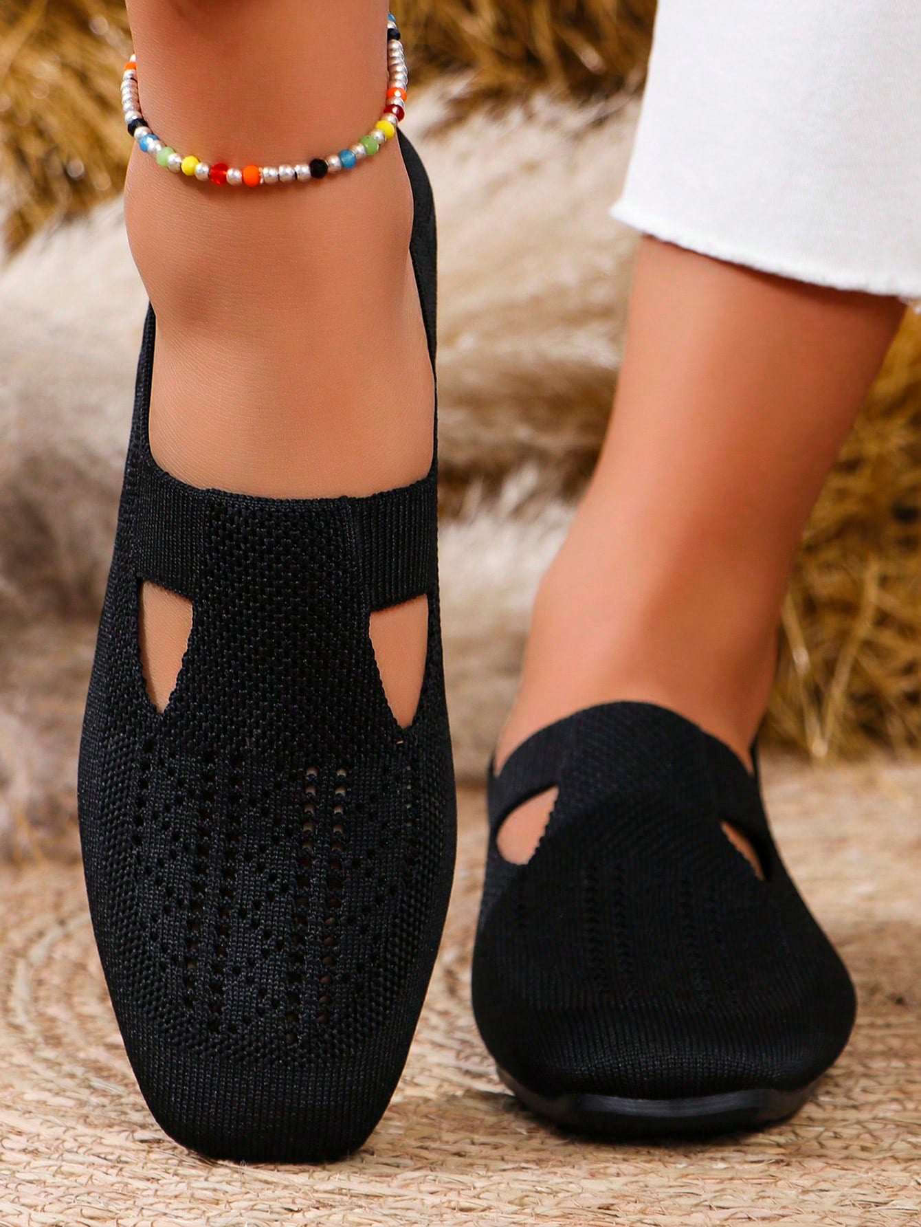 Knitted Flat Square Toe Slip-On Mom Casual Shoes Breathable Anti-Slip Driving Loafers Comfortable Shallow Mouth For Spring And Autumn