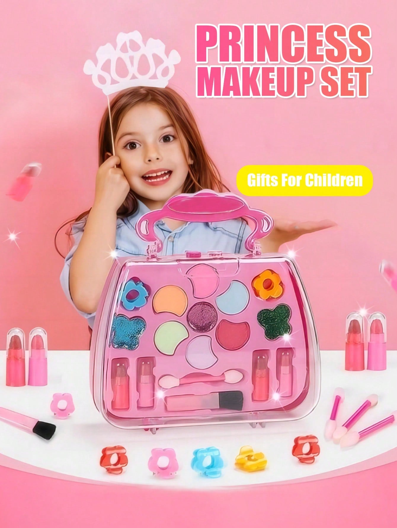 1pc Kids Beauty Toys Makeup Kit For Girls,Handbag Make-Up Toys Princess Real Washable Pretend Play Cosmetic Set Toys,  & Safe, Birthday Gifts For Girls