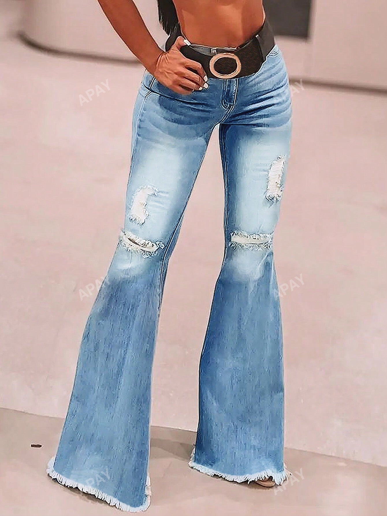 Ripped Raw Hem Flare Leg Jeans Without Belt