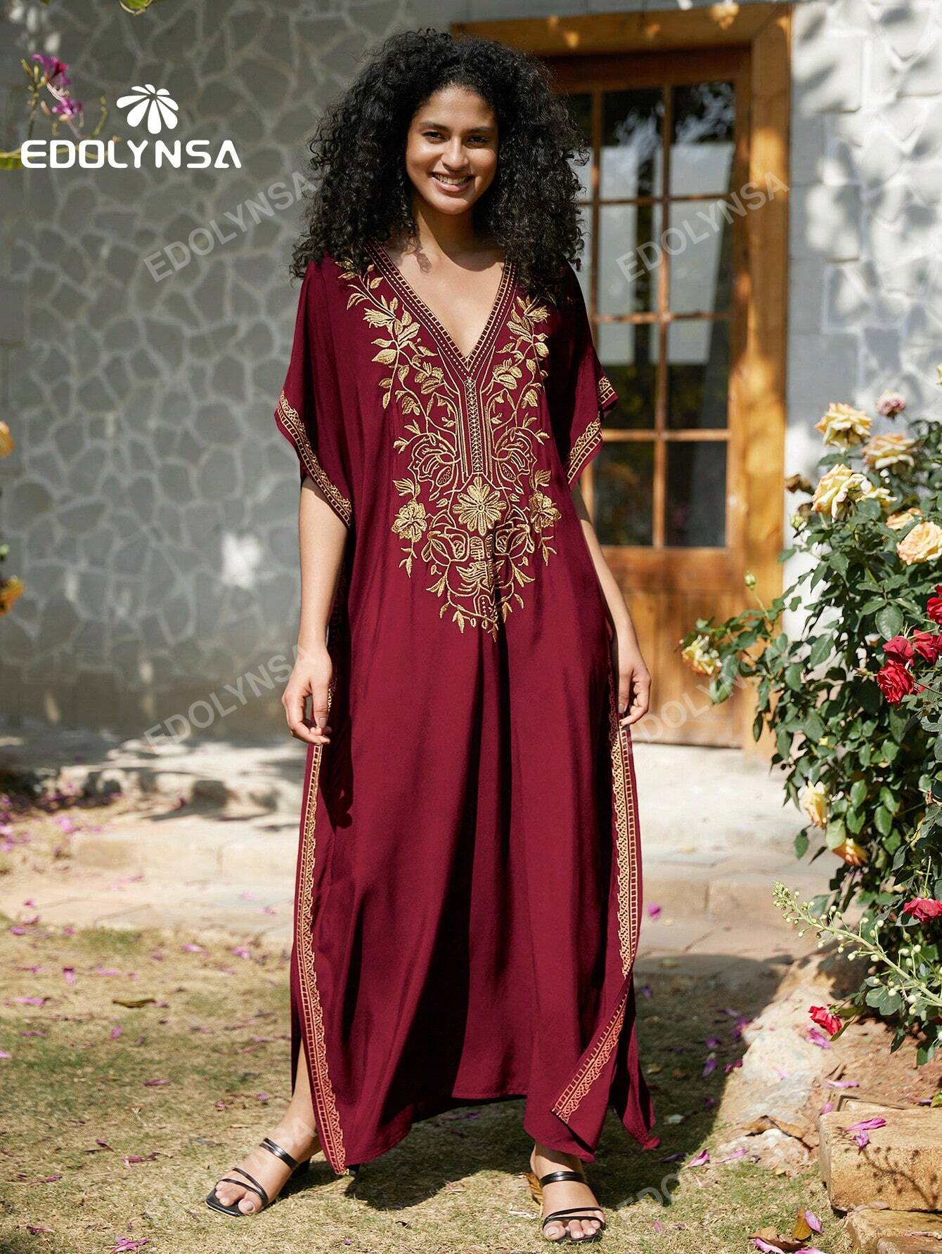 Embroidery Blue Kaftan Women Bohemian House Dress Split Thigh Beachwear Dubai Abaya Vacation