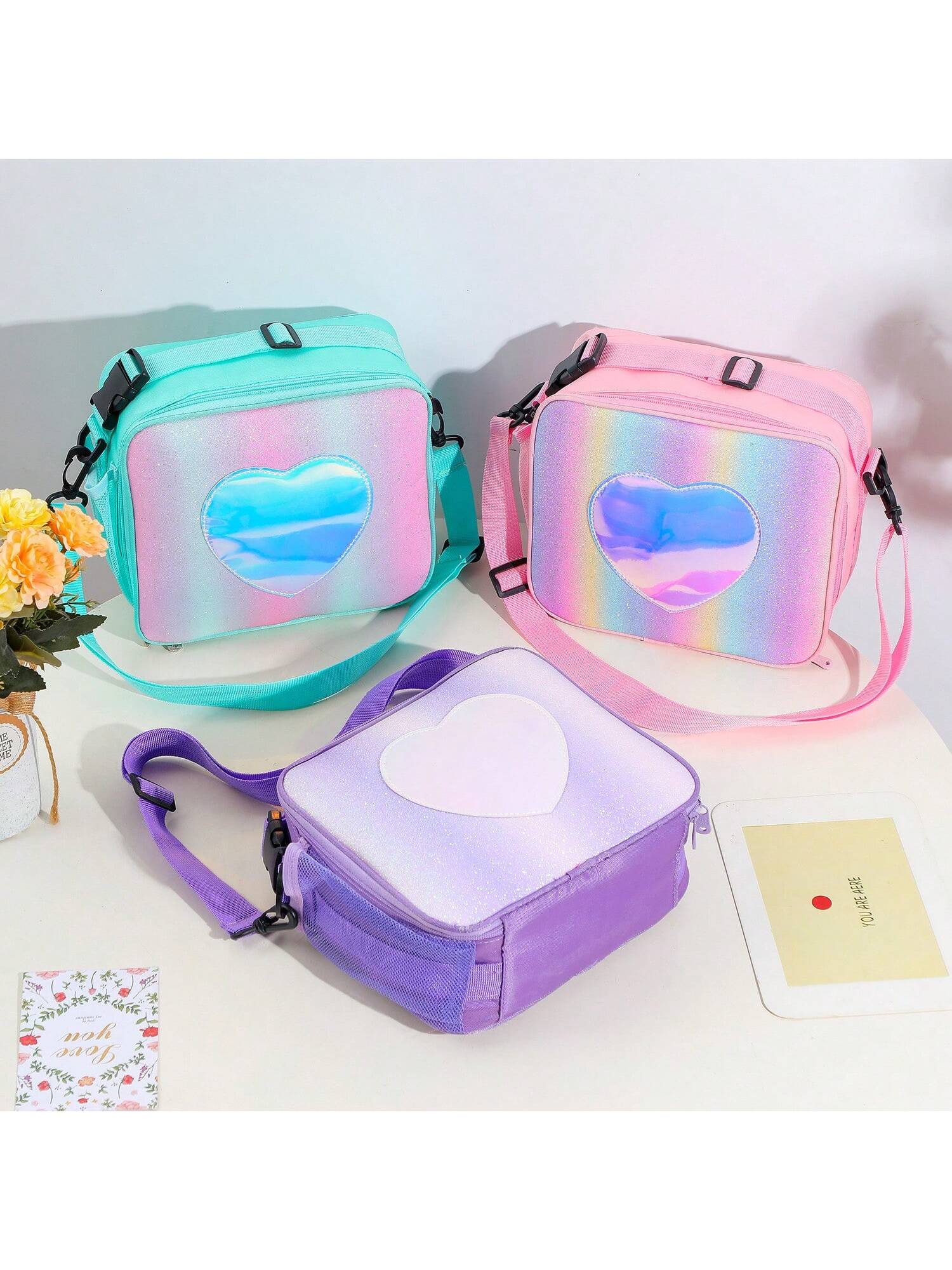 1pc New Heart-Shaped Laser Lunch Bag With Built-In Compartment And Rainbow-Colored Thermal Insulated Bento Bag, Ice Pack, Minimalist Single-Shoulder Bag For Teen Girls, Suitable For School, Travel And Picnic