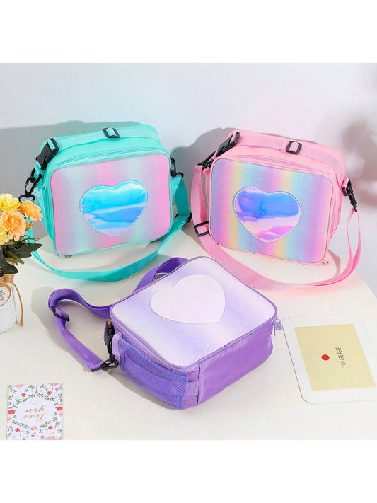 1pc New Heart-Shaped Laser Lunch Bag With Built-In Compartment And Rainbow-Colored Thermal Insulated Bento Bag, Ice Pack, Minimalist Single-Shoulder Bag For Teen Girls, Suitable For School, Travel And Picnic