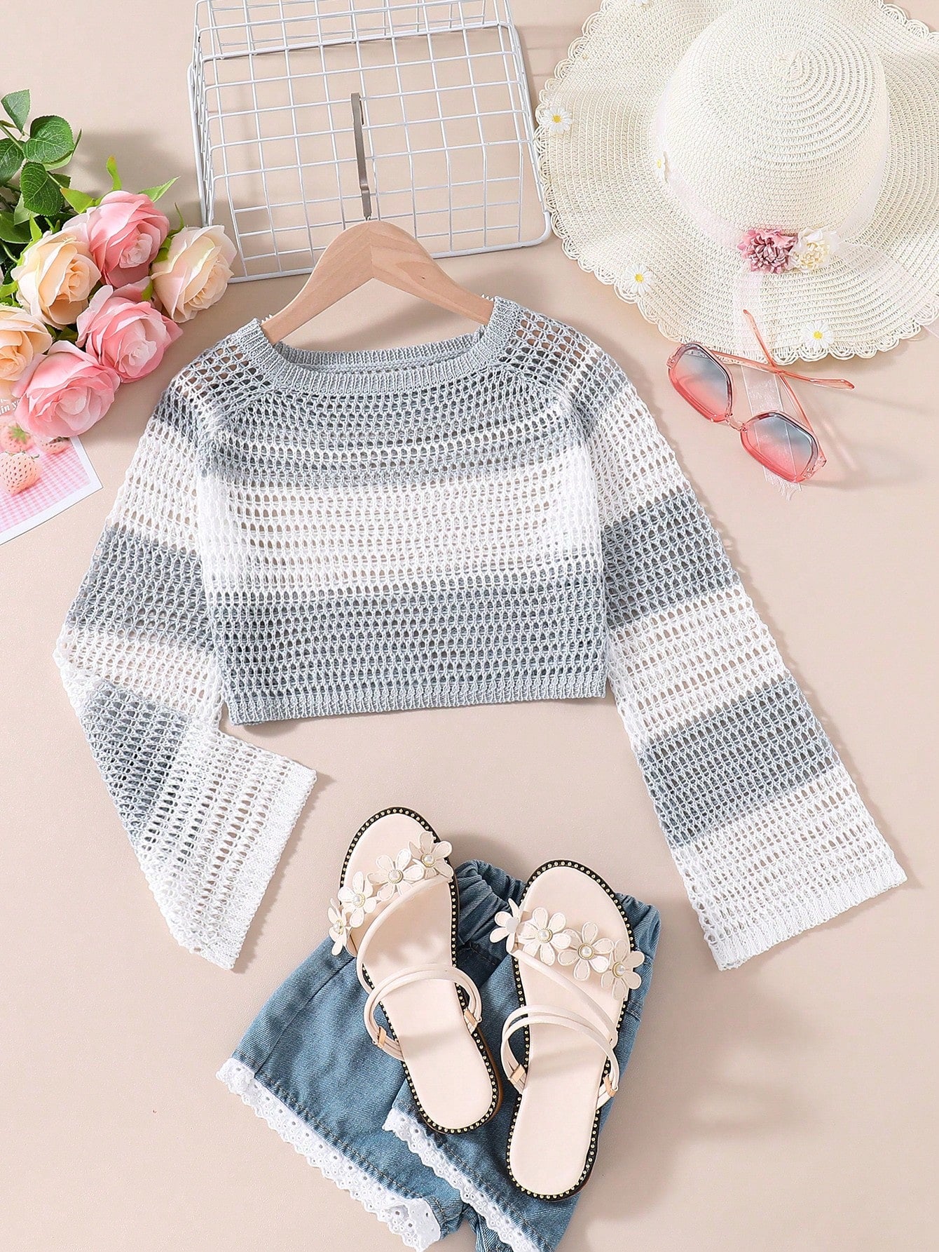 Tween Girl Two Tone Raglan Sleeve Pointelle Knit Sweater