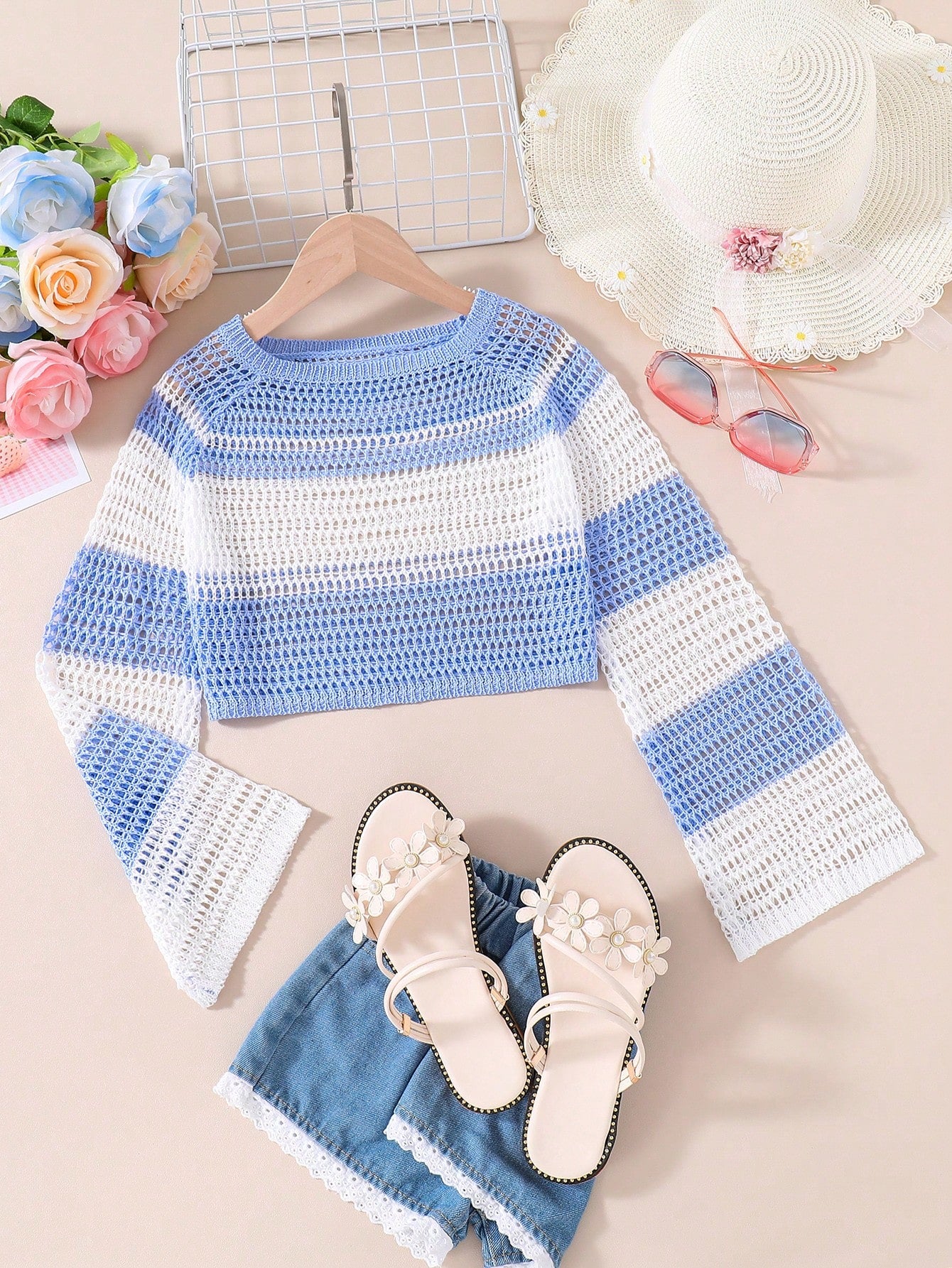 Tween Girl Two Tone Raglan Sleeve Pointelle Knit Sweater