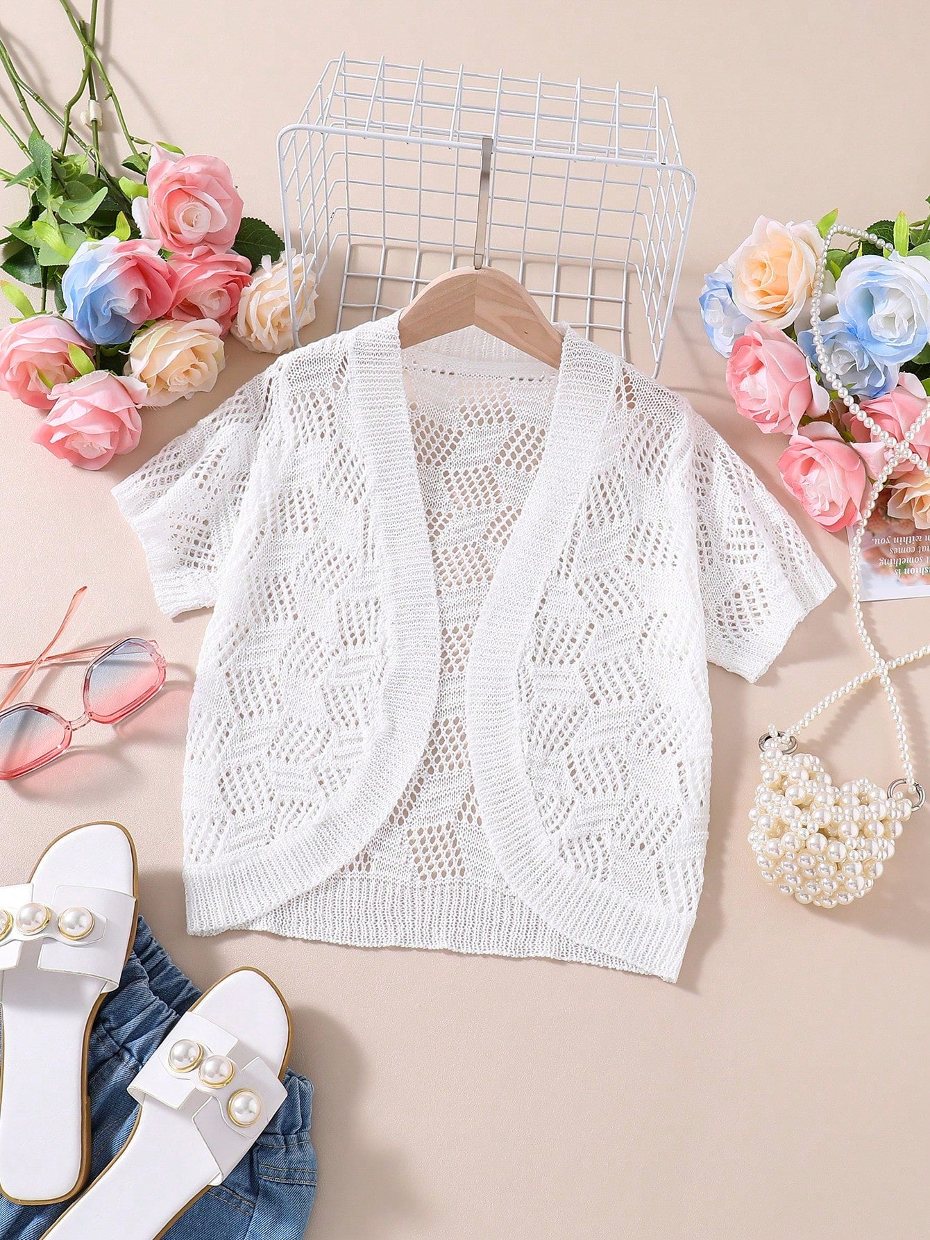 Tween Girl Simple Hollow Out Knitted Short Sleeve Cardigan For Spring And Summer