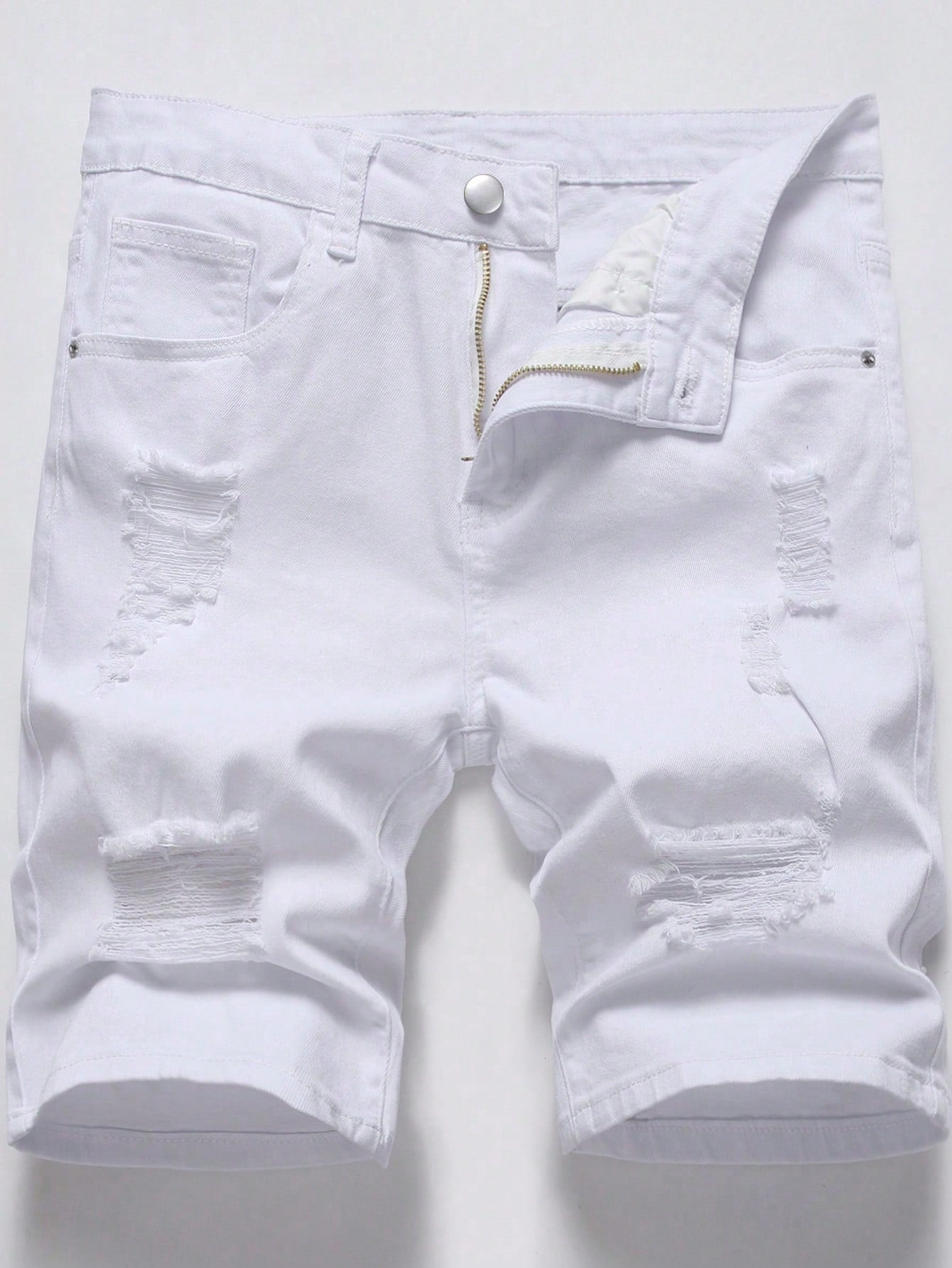 Plus Size Men Skinny Denim Shorts With Ripped Details And Pockets Jorts Plain All White Work Basic