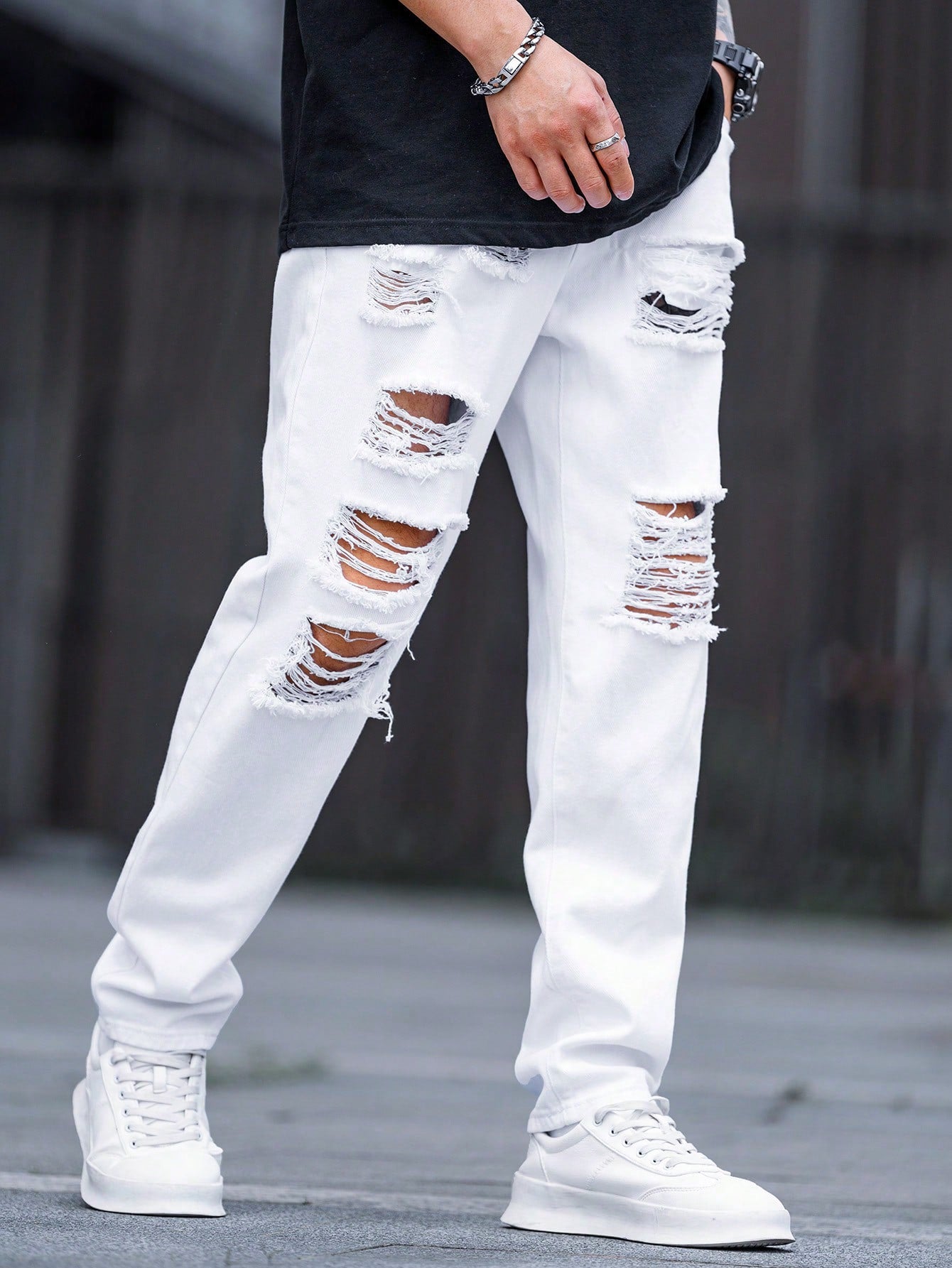 Men Cotton Ripped Frayed Cut Out Jeans Straight Leg Long Light Jean Cargo Plain Blue Party Street Wear Friends