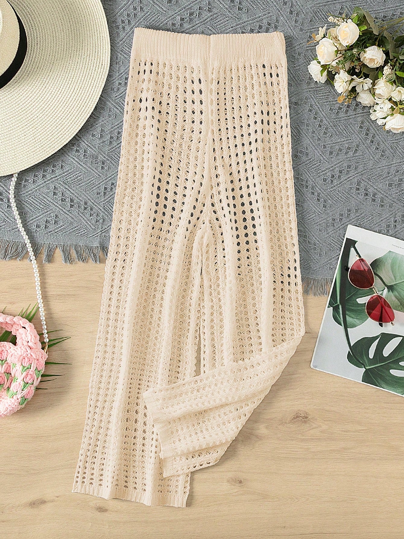 Tween Girl Summer Beach Holiday Hollow Out Knitted Elastic Waist Cover-Up Pants