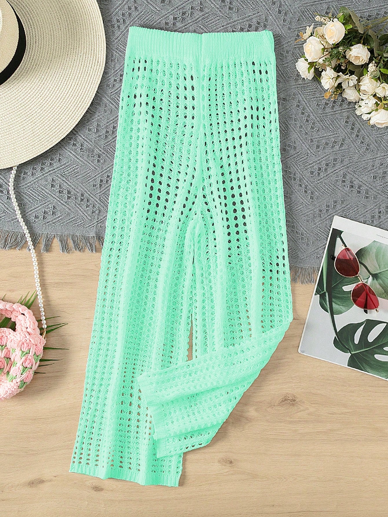 Tween Girls' White Beach Cover-Up With Hollow Out Design And Knitted Pants, Comfortable & Loose Fit, Suitable For Beach Vacation With Swimwear, Summer