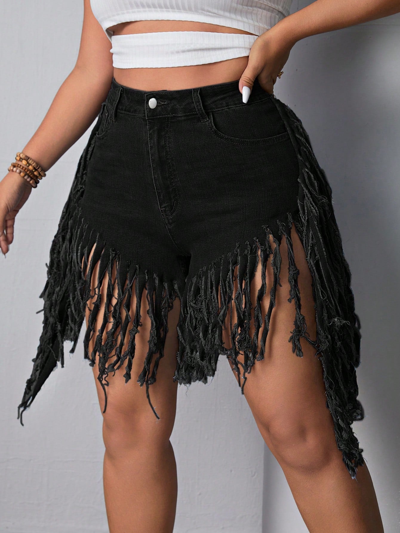 Plus Size Fringed Denim Shorts