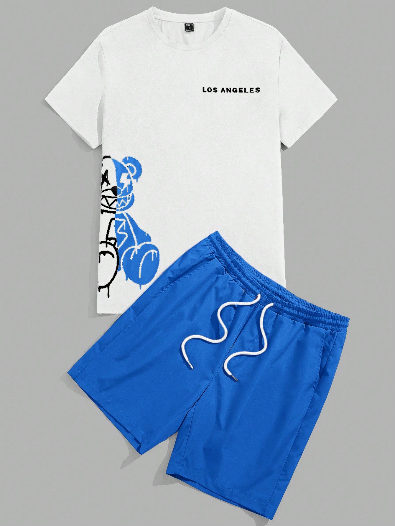 Men Bear & Letter Graphic Tee & Drawstring Waist Shorts