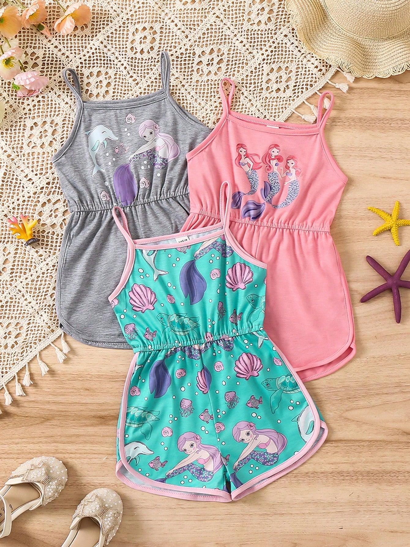 Young Girl 3PCS Casual Cute Mermaid Print Spaghetti Strap Romper Set For Spring/Summer