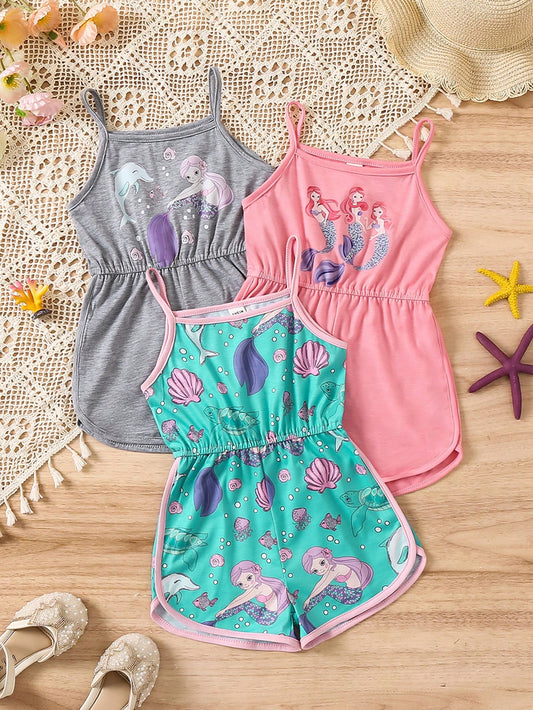 Young Girl 3PCS Casual Cute Mermaid Print Spaghetti Strap Romper Set For Spring/Summer