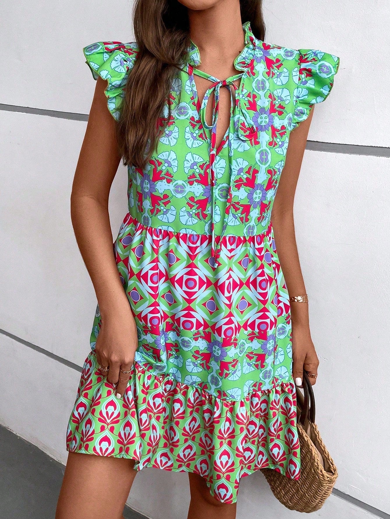 Printed & Patchwork Mini Flutter Sleeve Dress With Neck Tie