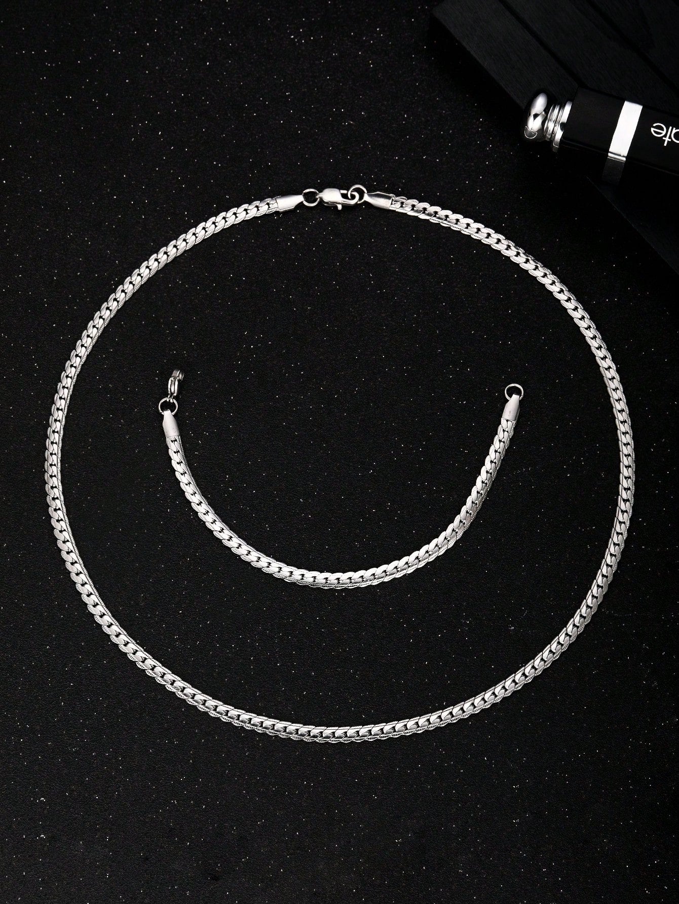 2pcs/Set Minimalist Silver Stainless Steel NK Chain Necklace & Bracelet For Boys For Daily Decoration