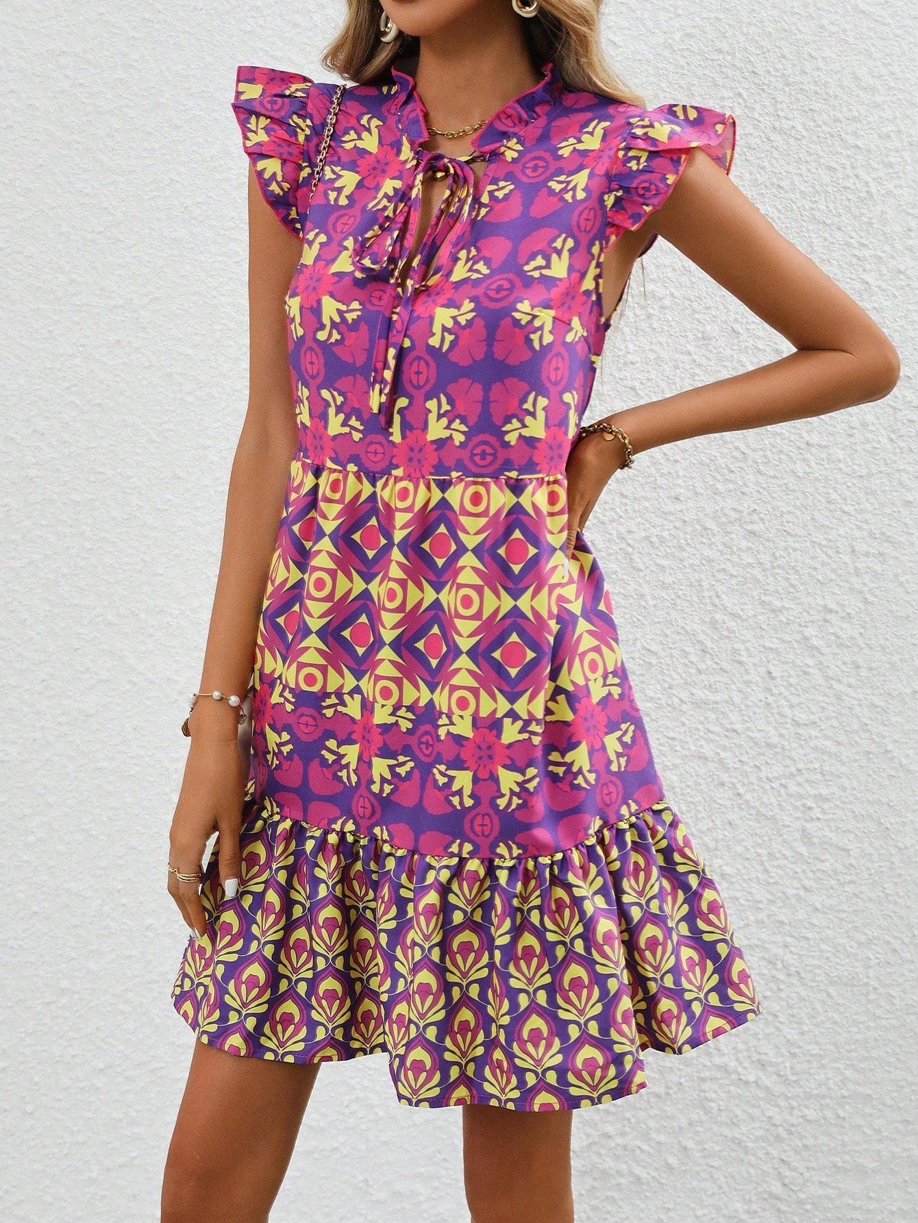 Printed & Patchwork Mini Flutter Sleeve Dress With Neck Tie