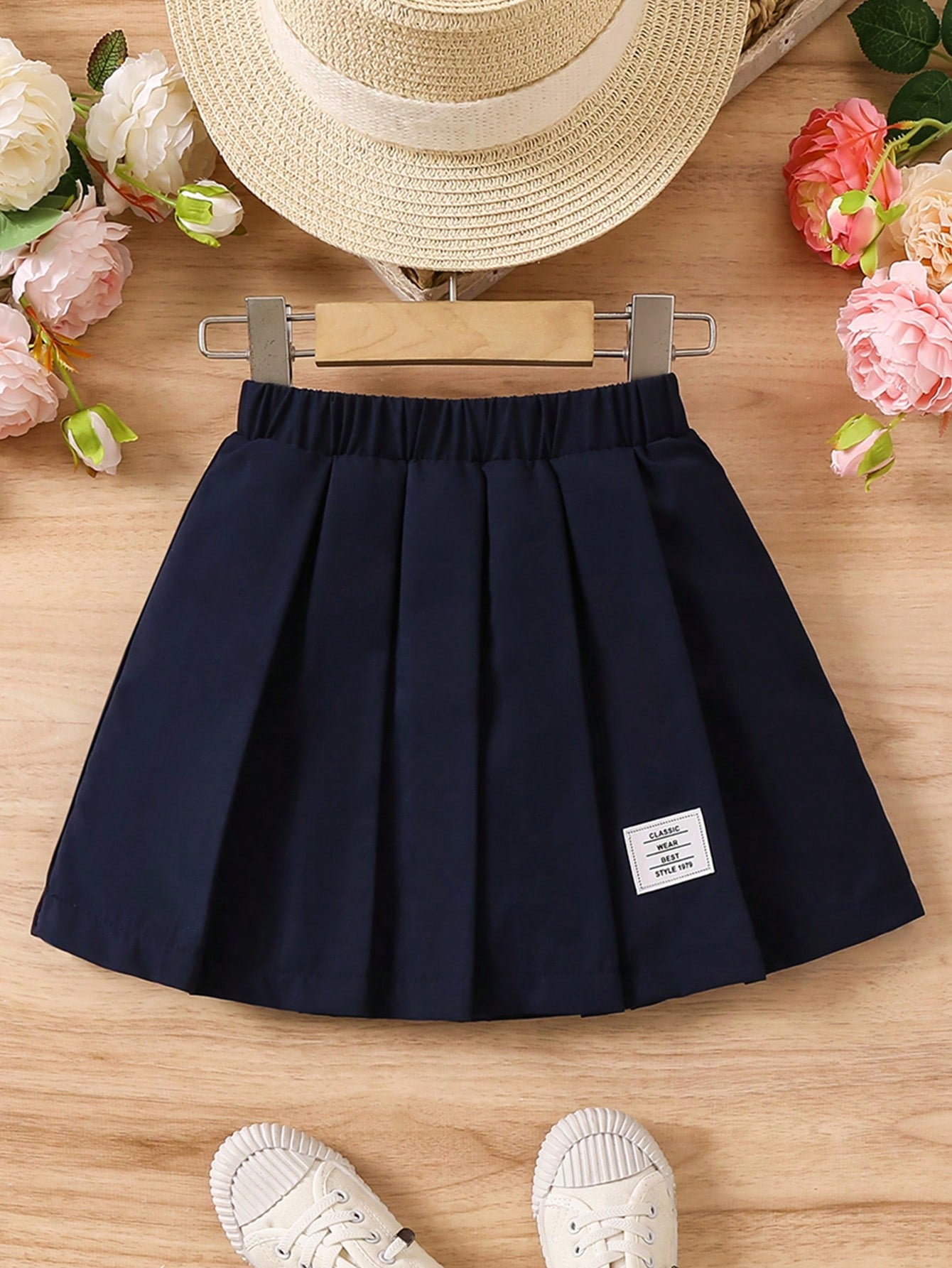 Young Girl Black Letter Print Casual Academy Classic Pleated Midi Skirt, Versatile For Summer