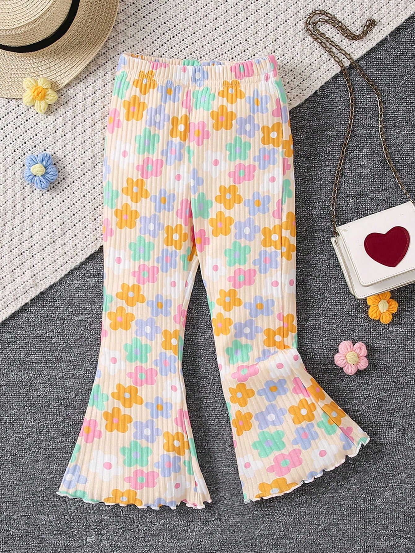 Young Girl Cartoon Flower Print Flare Pants