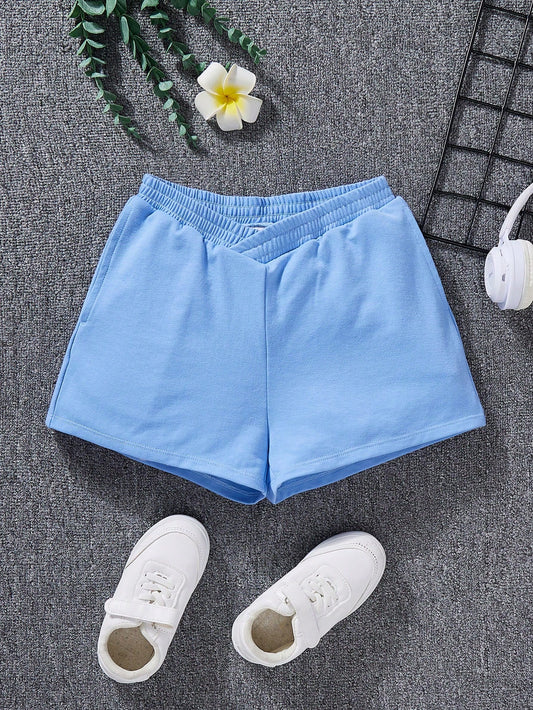 Tween Girl Summer Casual Knitted Solid Color Cross-Waist Straight Shorts