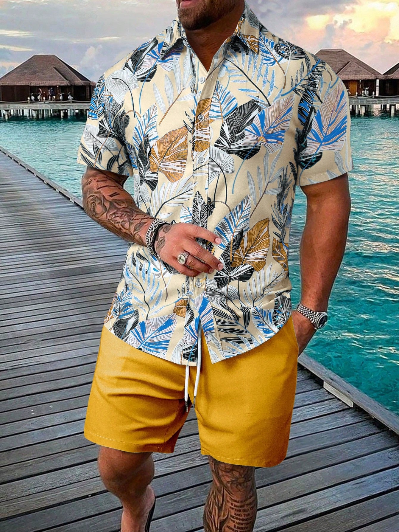 Men'S Leaf Print Short Sleeve Shirt And Shorts Set