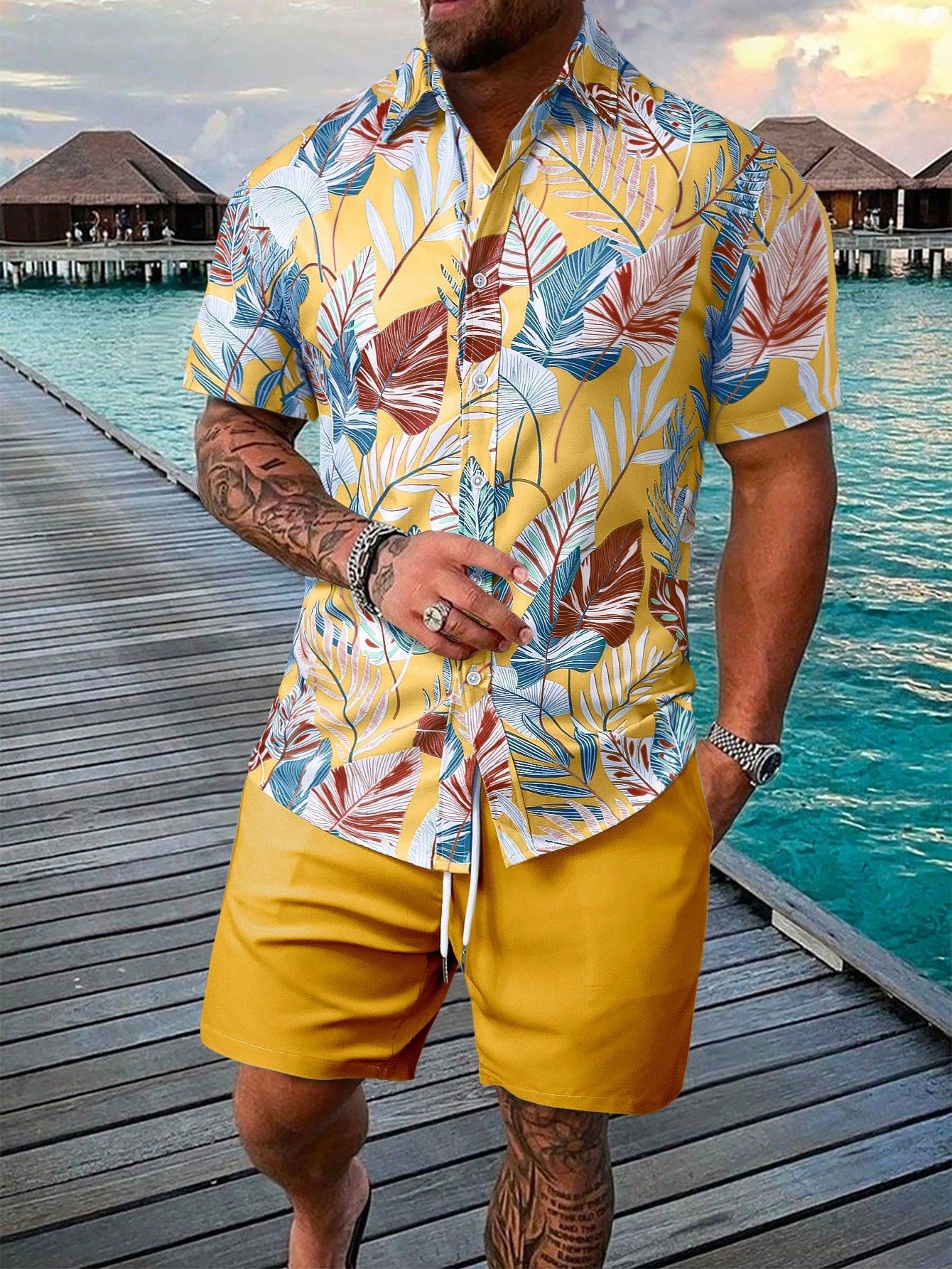 Men's Tropical Plant Print Short Sleeve Shirt And Shorts Set