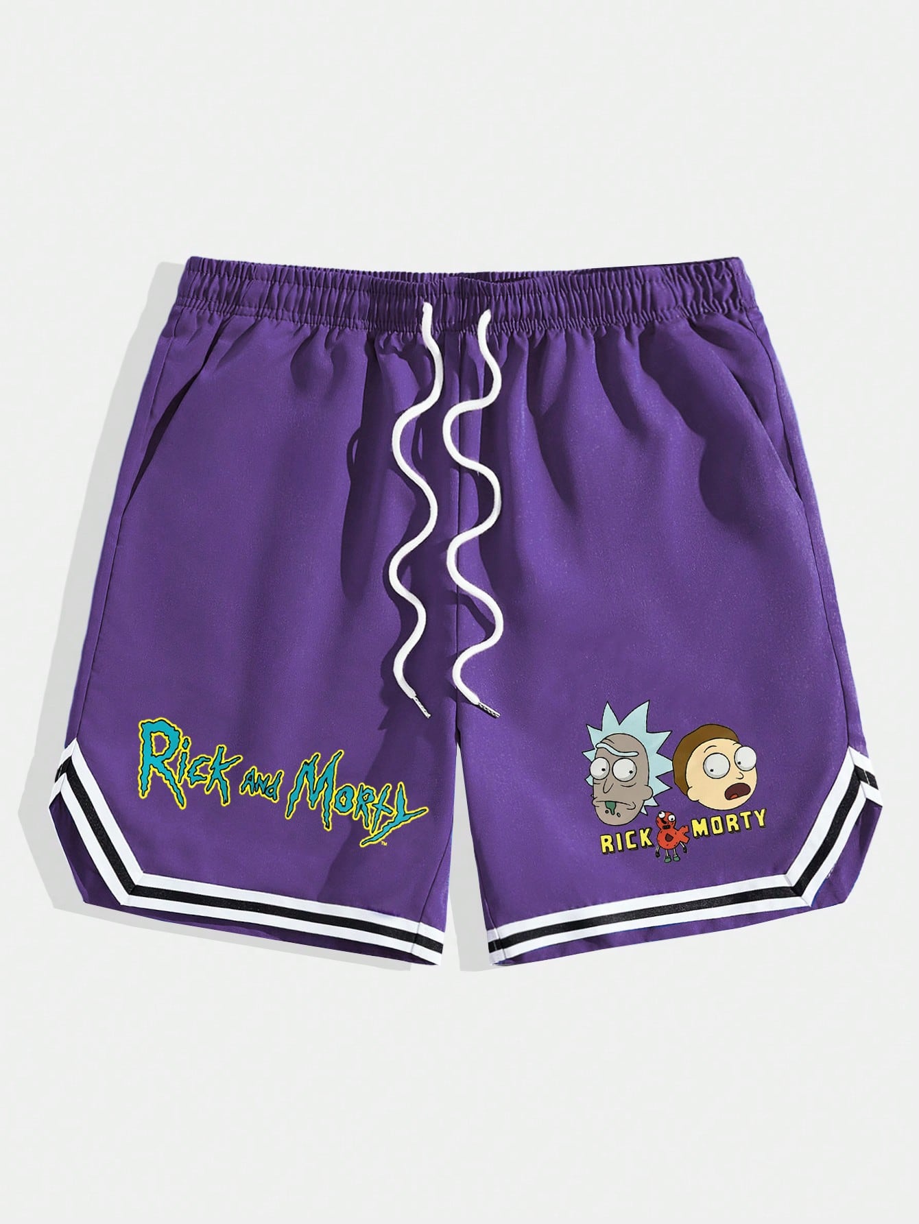 Rick and Morty | Men Cartoon & Letter Graphic Striped Trim Drawstring Waist Shorts, School