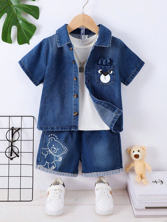 2pcs Young Boy Casual Printed Turn-Down Collar Shirt And Denim Shorts Set