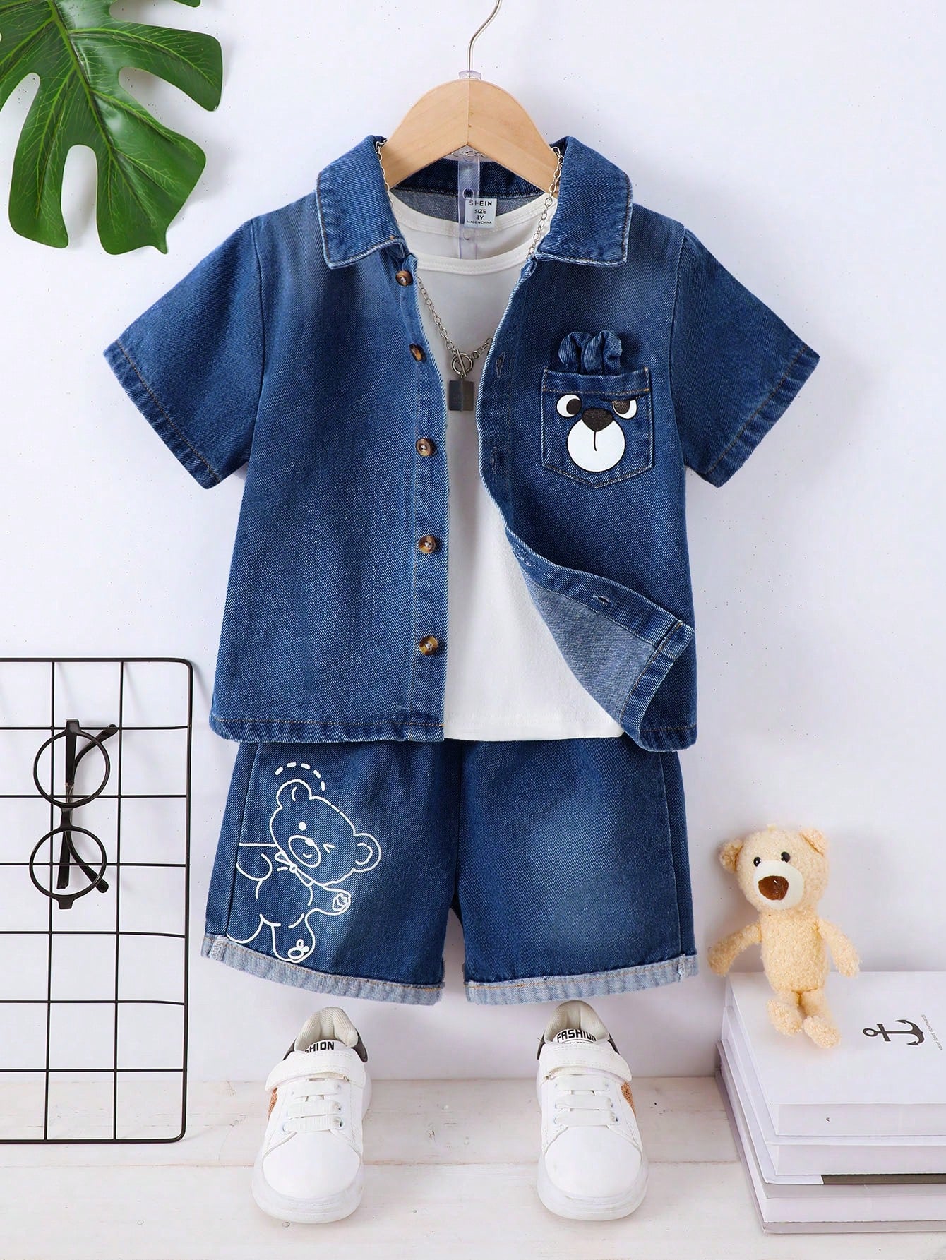 Young Boys' Casual Bear Pattern Shirt With Collar + Denim Shorts 2pcs/Set