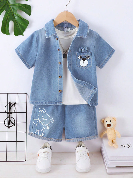 Young Boy Casual Collar Cartoon Pattern Denim Shirt And Shorts 2pcs/Set