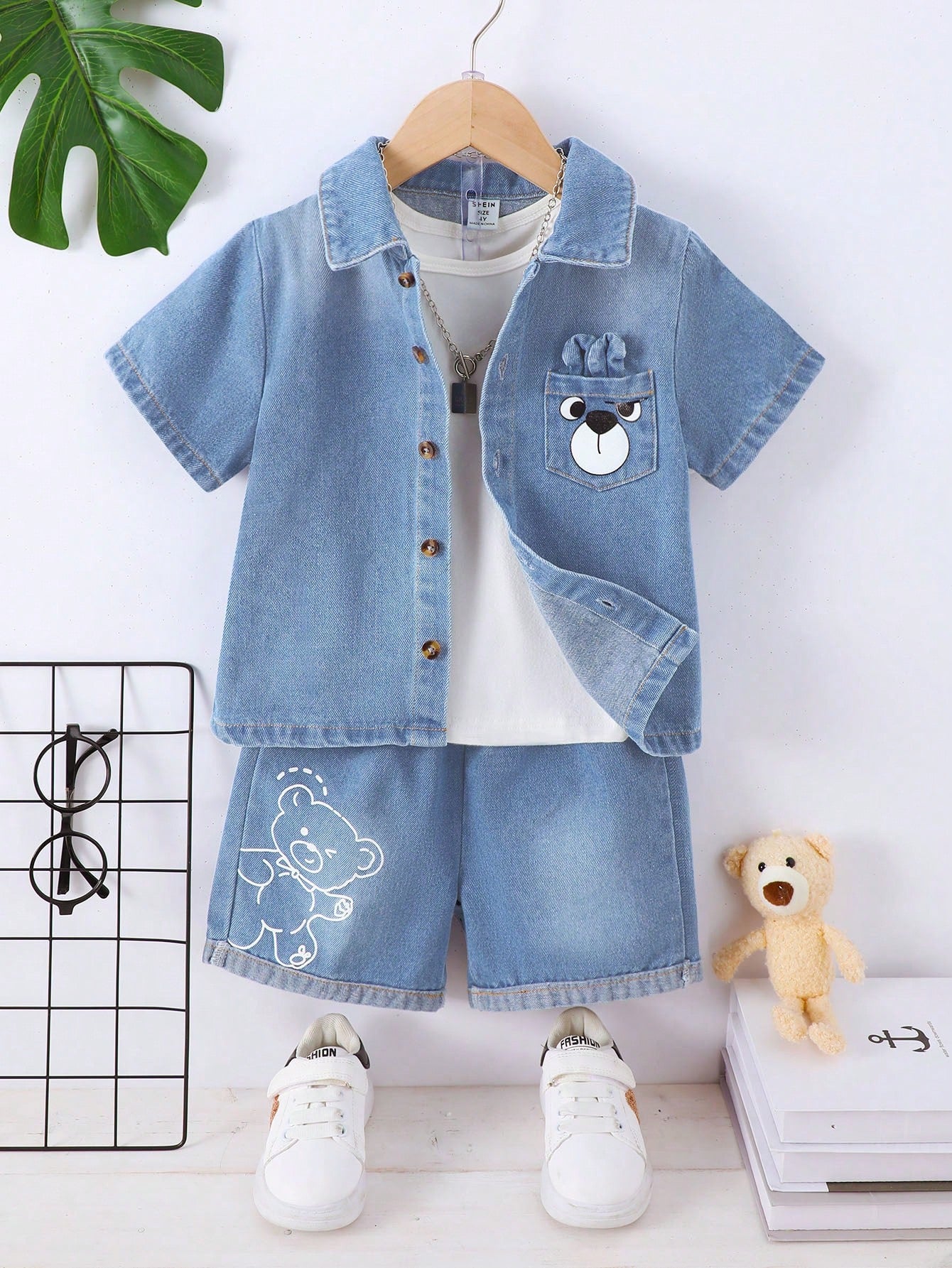 2pcs Young Boy Casual Printed Turn-Down Collar Shirt And Denim Shorts Set