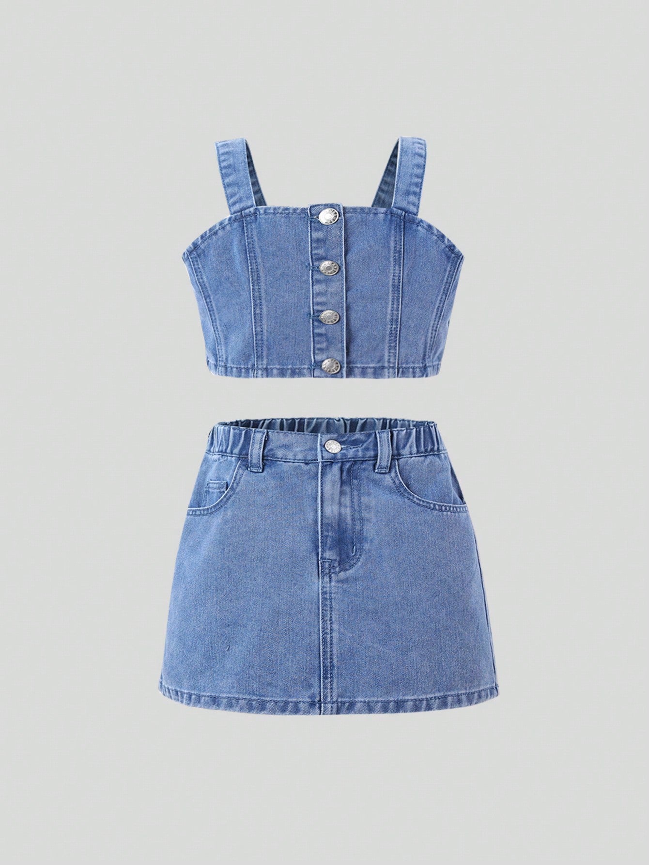 Tween Girls' Casual Cute Summer Vest Top And Denim Skirt 2-Piece Outfit