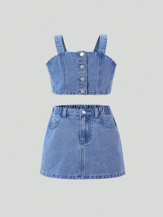 Tween Girl Casual And Cute Summer Denim Vest And Skirt Set