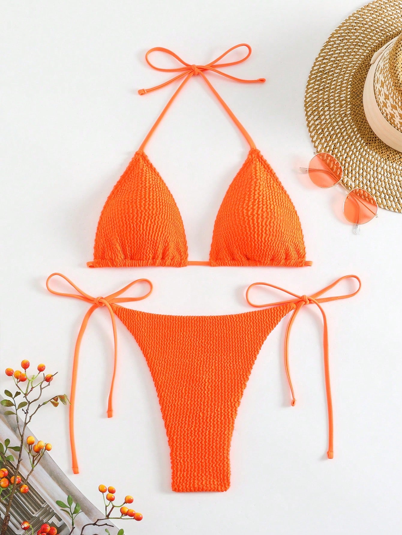 Swim Summer Beach Textured Halter Triangle Bra & Tie Side V-String Bottom 2 Piece Bathing Suit