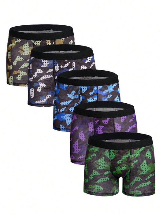 Tween Boy 5pcs Simple And Fashionable Comfortable Camo Briefs With Flat Angled Corners