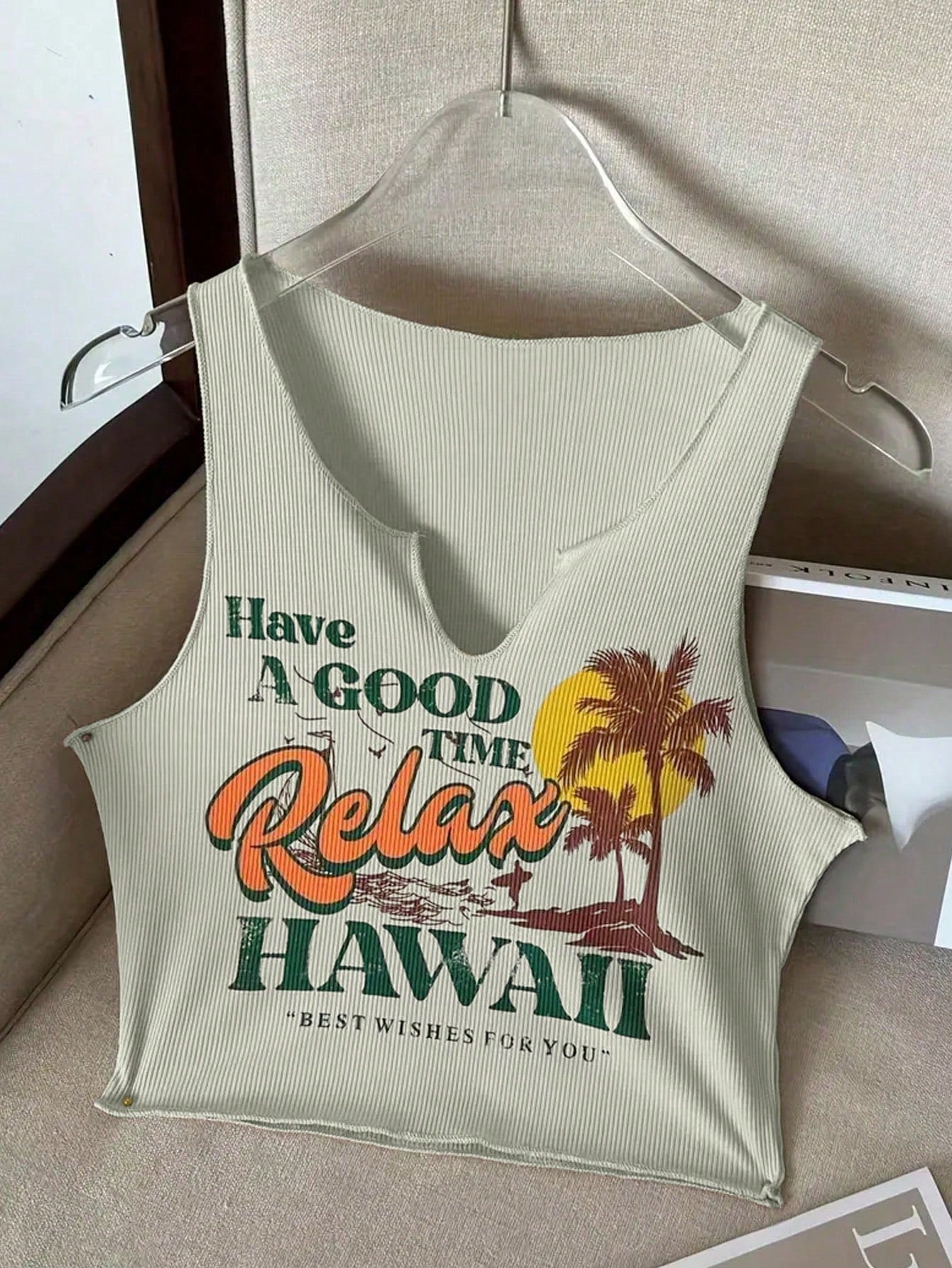 Plus Size Coconut Tree & Slogan Printed Tank Top For Summer