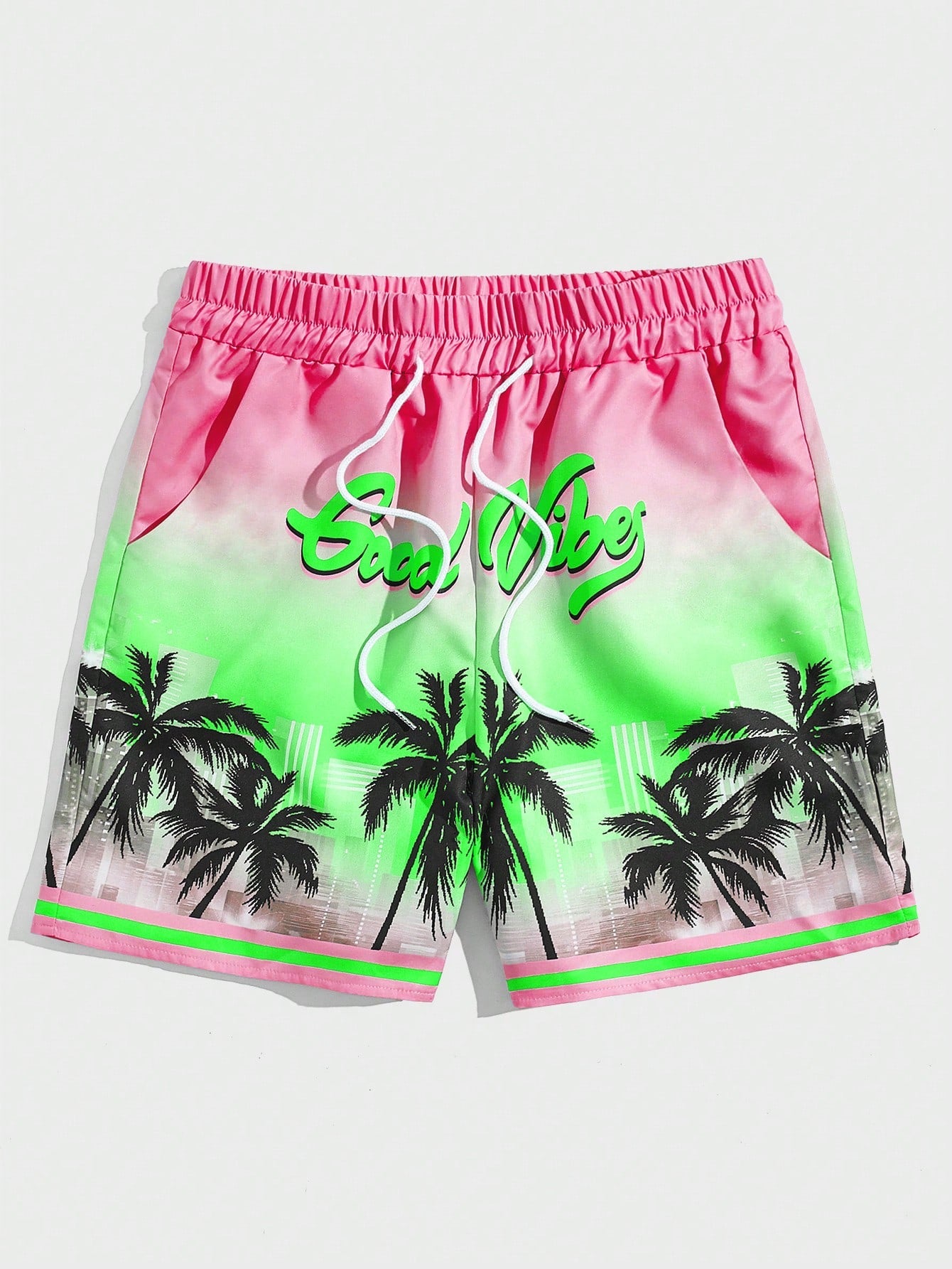 Street Life Men Coconut Tree & Letter Graphic Drawstring Waist Shorts