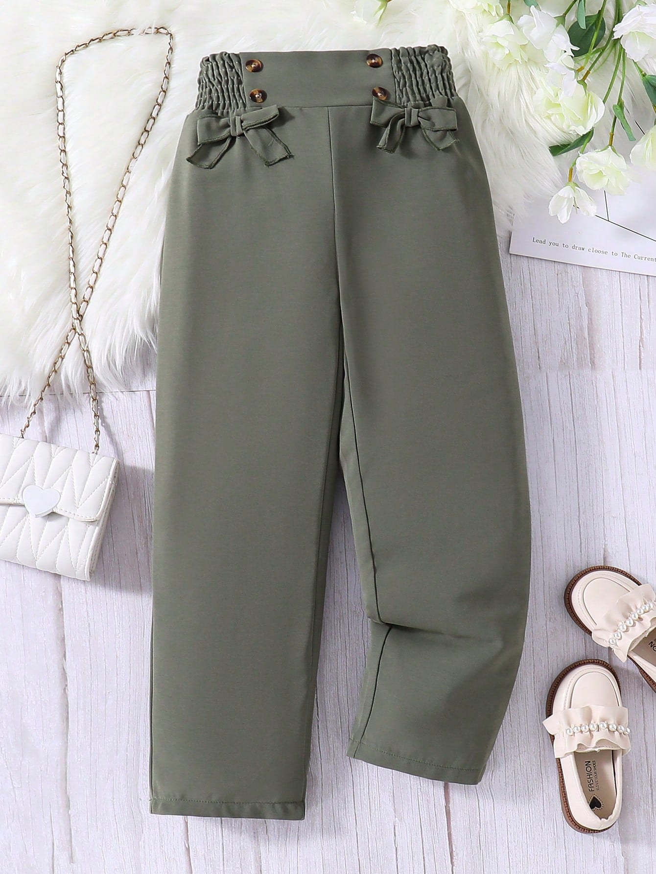 Tween Girl Shirred Waist Bow Front Pants