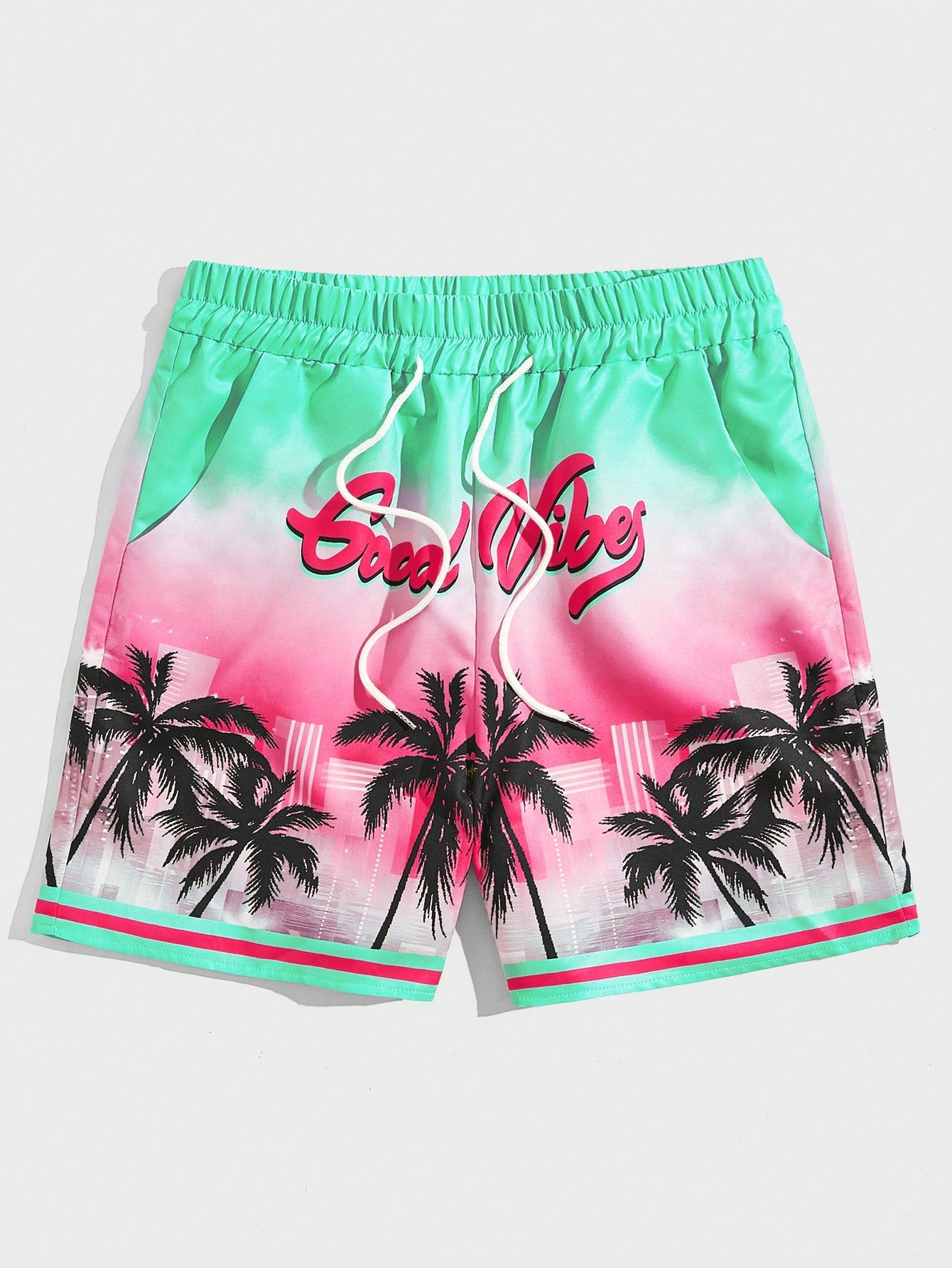 Street Life Men Coconut Tree & Letter Graphic Drawstring Waist Shorts, School