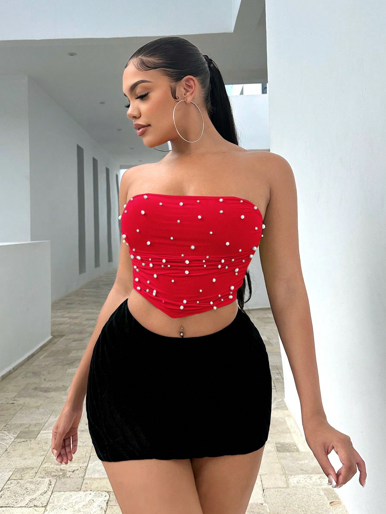 Pearls Beaded Bandana Hem Crop Tube Top