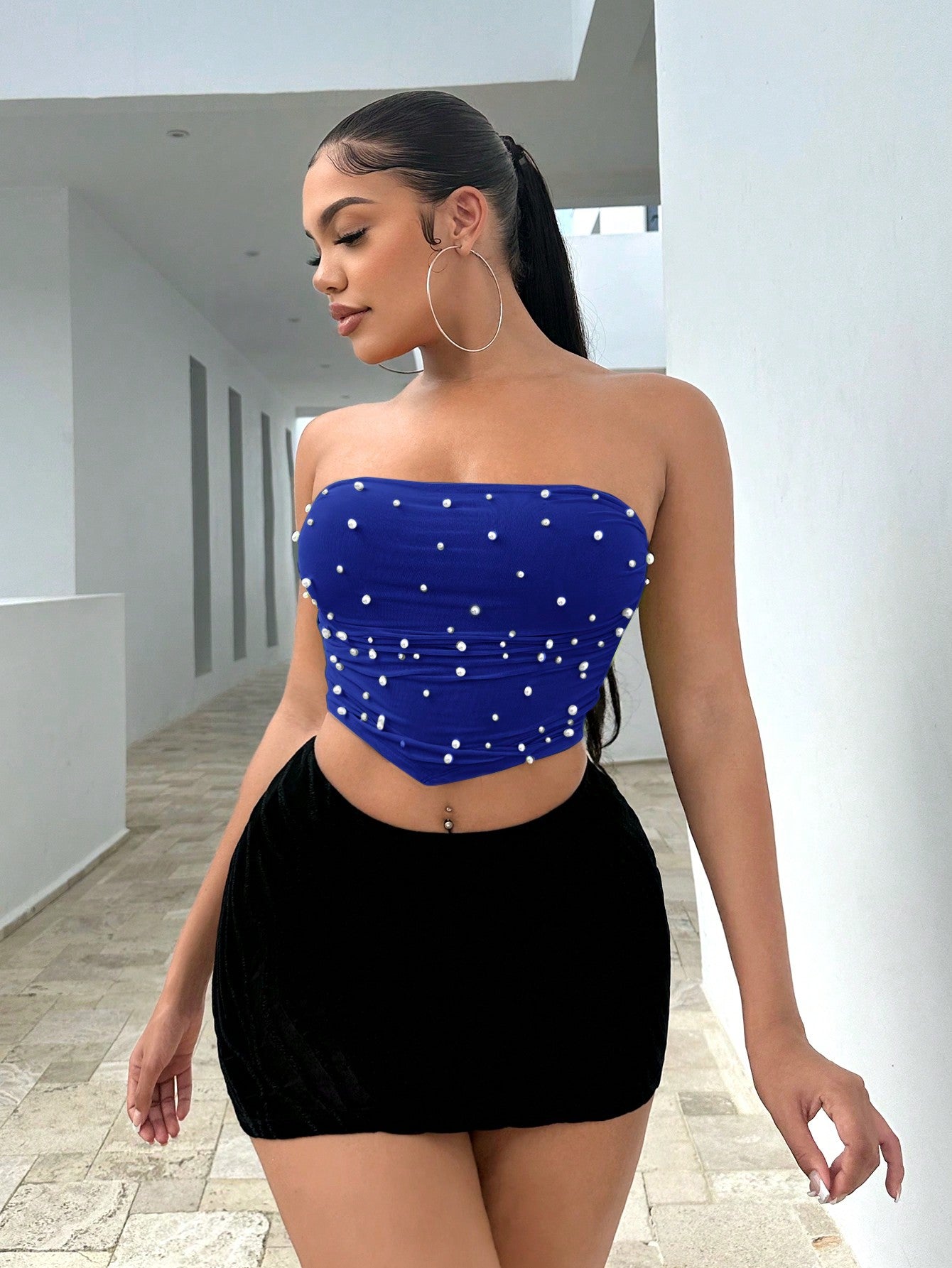 Pearls Beaded Bandana Hem Crop Tube Top