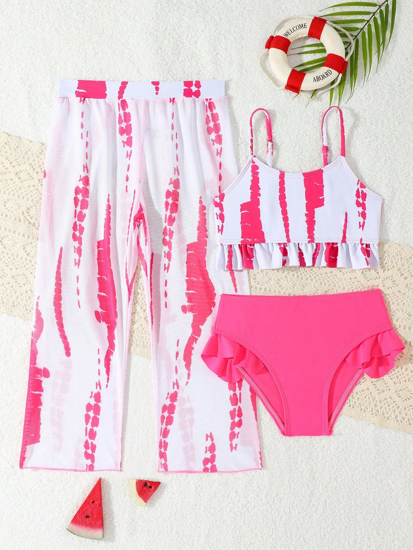 Young Girl 3-Piece Printed Bikini Set(Random Print), Separated Top And Bottom Summer Beach